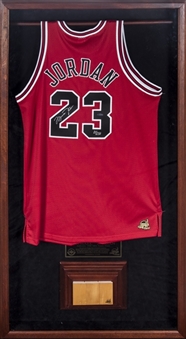 Michael Jordan Signed Chicago Bulls Jersey & Piece of Game Used Floor From 1998 NBA Finals In 31x59 Shadowbox Display (UDA)
